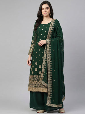 Green Floral Embroidered Georgette Dress Material - Image 1