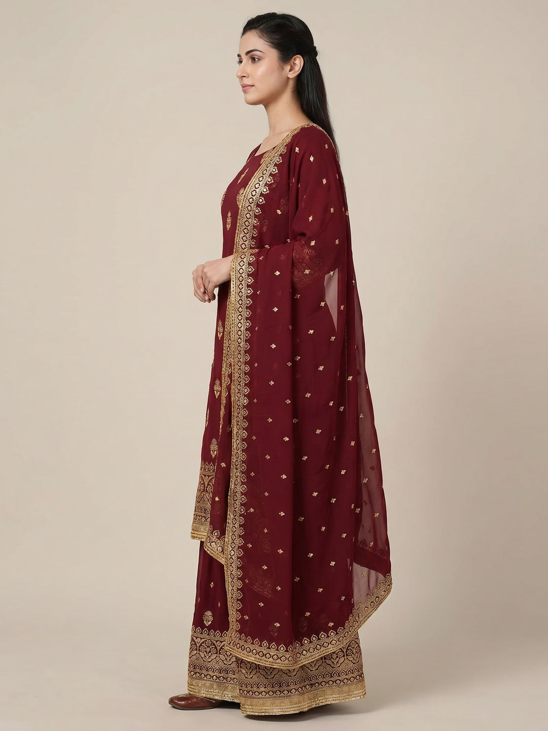 Maroon Floral Embroidered Georgette Dress Material - Image 2