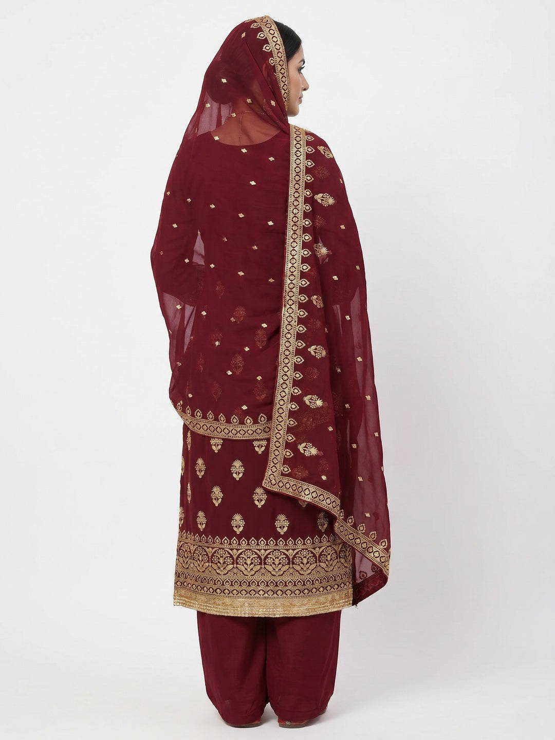 Maroon Floral Embroidered Georgette Dress Material - Image 3