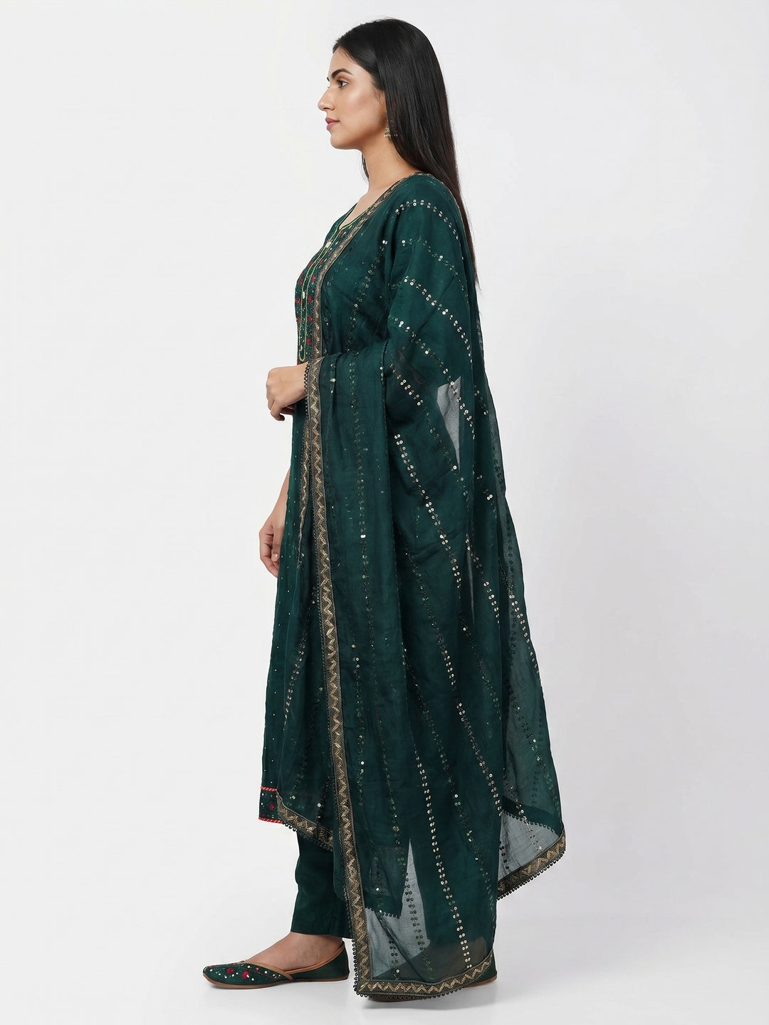 Green Sequins Embroidered Chanderi Dress Material - Image 3
