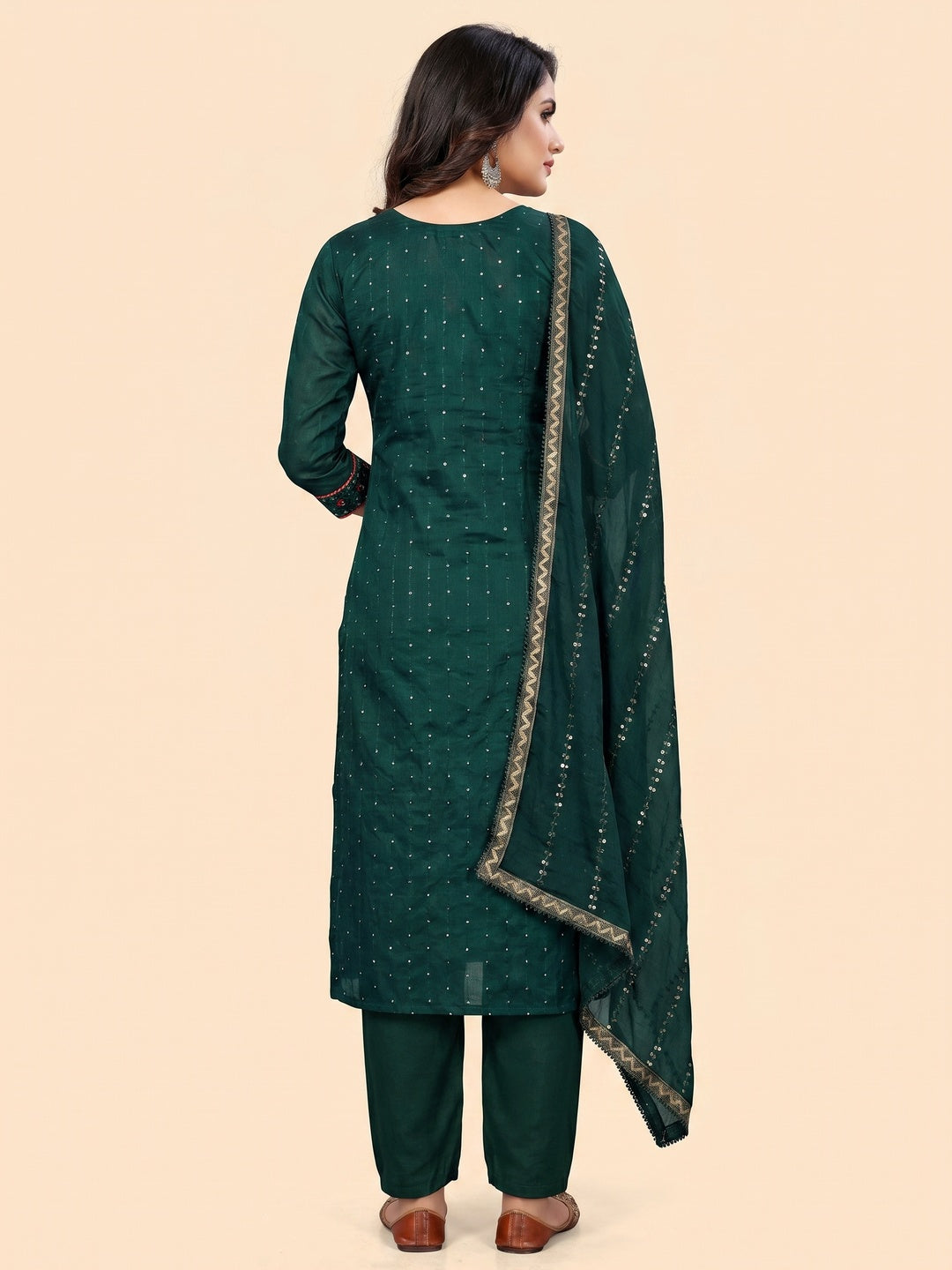 Green Sequins Embroidered Chanderi Dress Material - Image 2