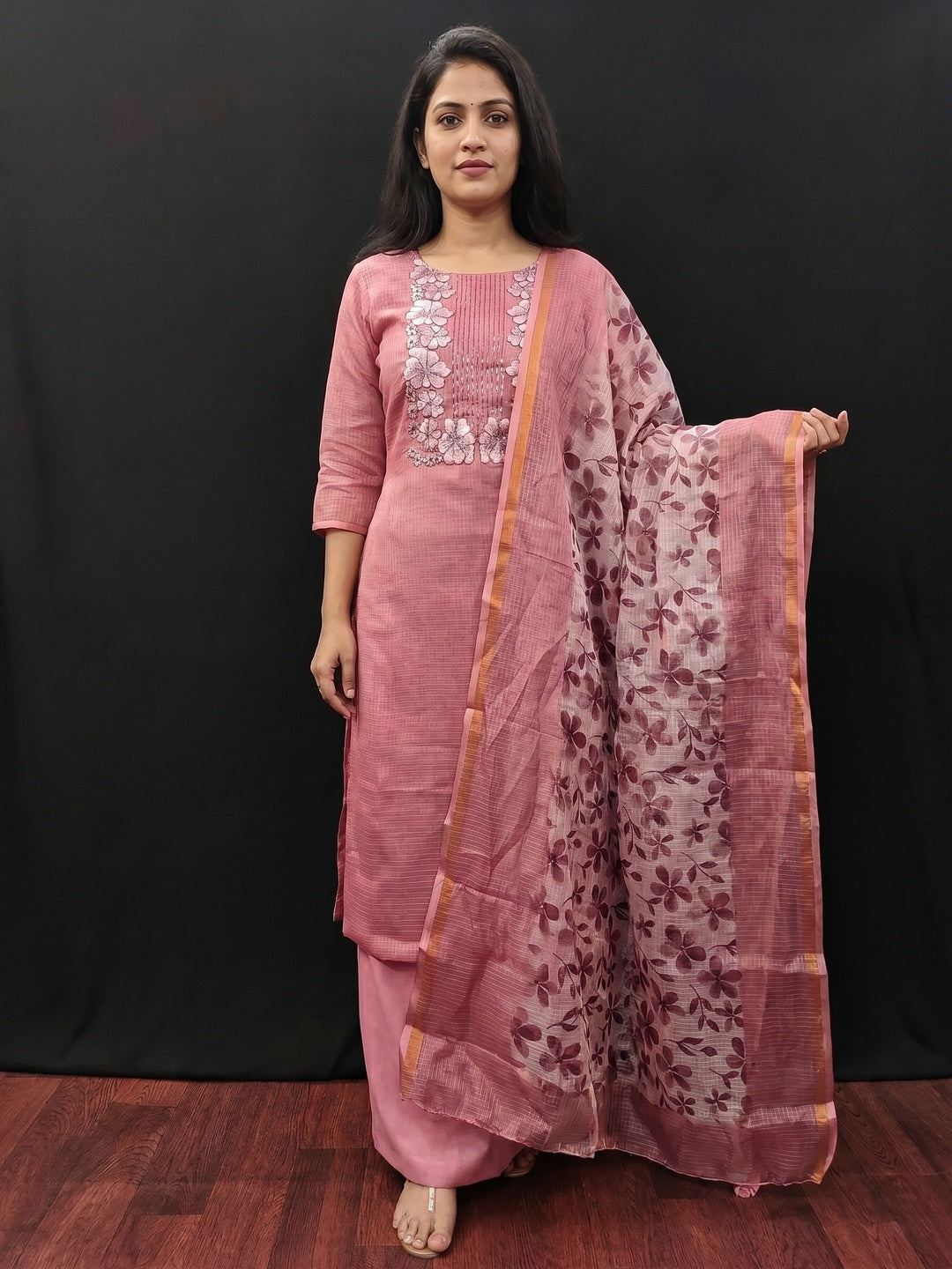 Peach Floral Embroidered Kota Doria Dress Material - Image 1