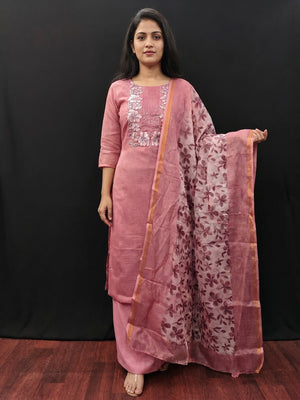 Peach Floral Embroidered Kota Doria Dress Material - Image 1