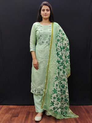 Green Floral Embroidered Kota Doria Dress Material - Image 1