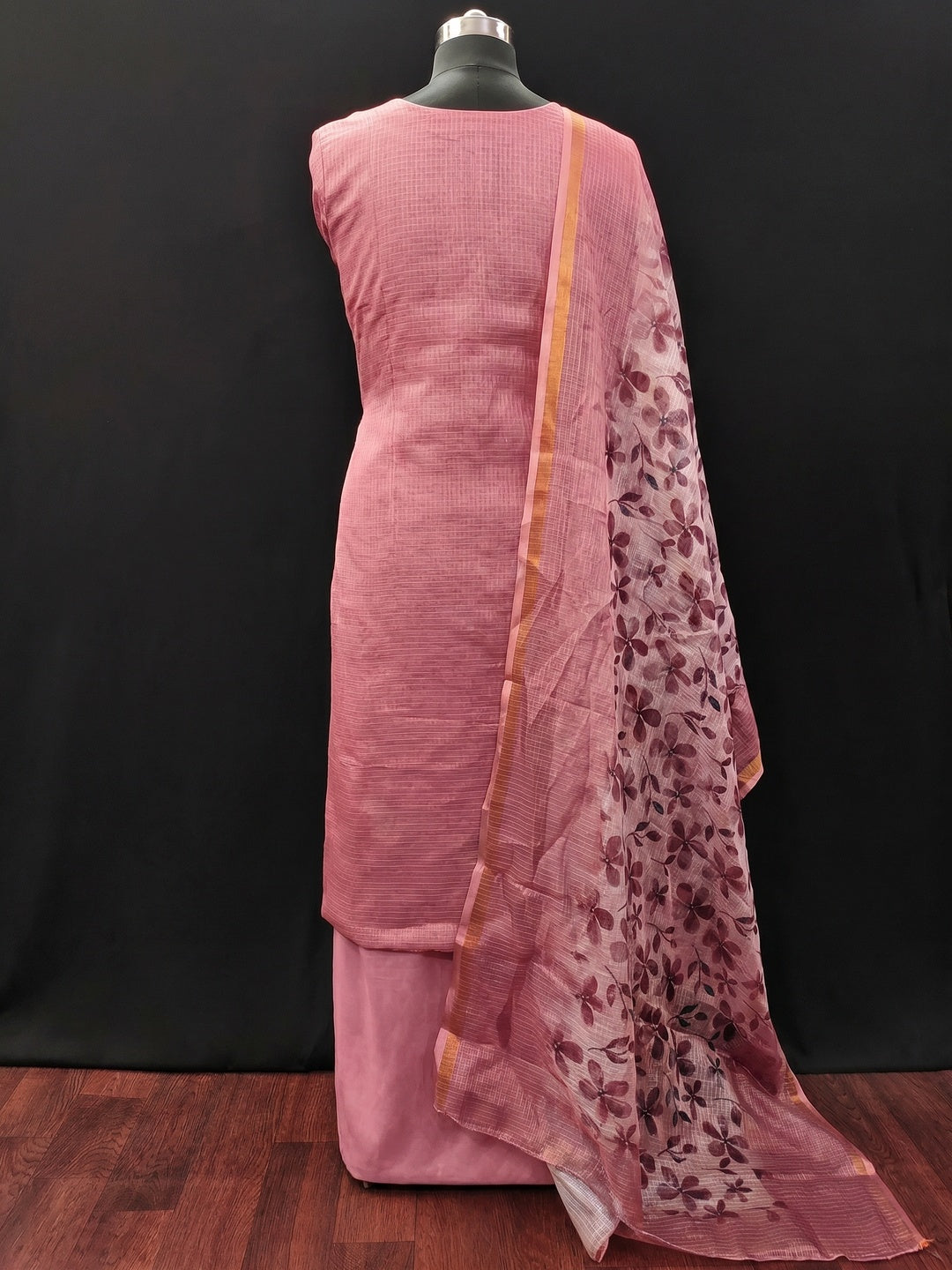 Peach Floral Embroidered Kota Doria Dress Material - Image 2