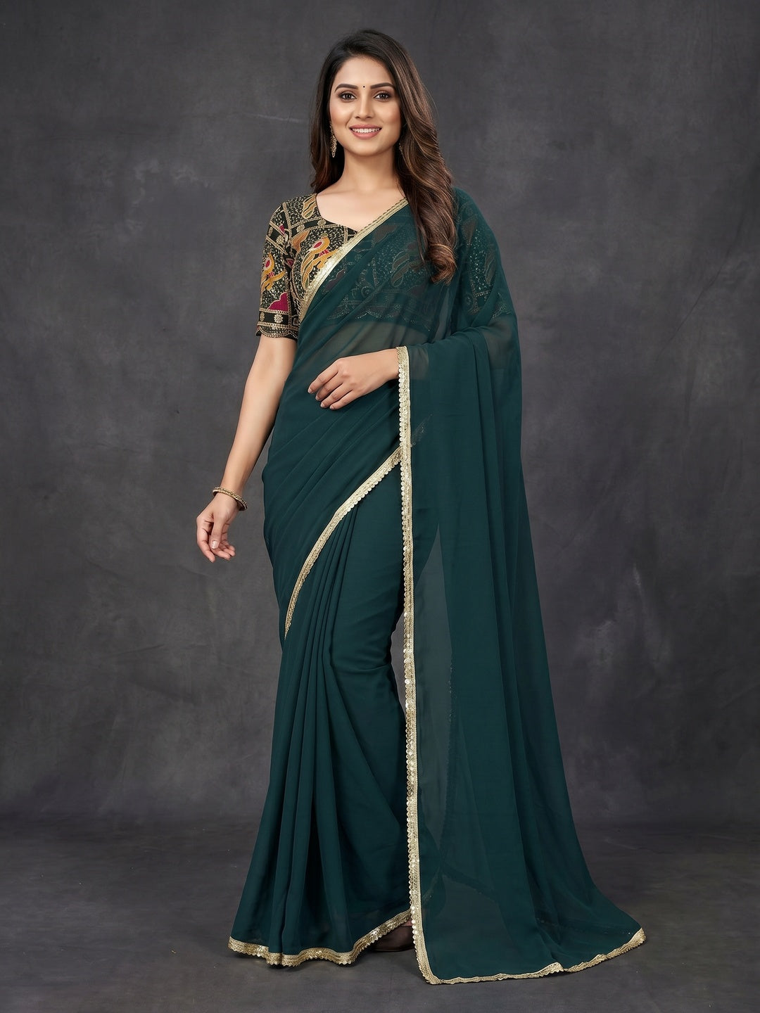 Pine Green Solid Georgette Saree With Sequins Embroidered Border - Image 1