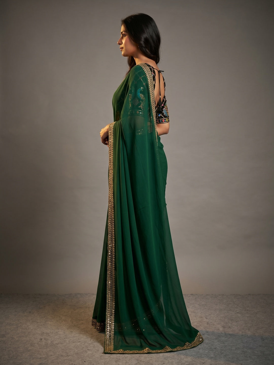Pine Green Solid Georgette Saree With Sequins Embroidered Border - Image 3
