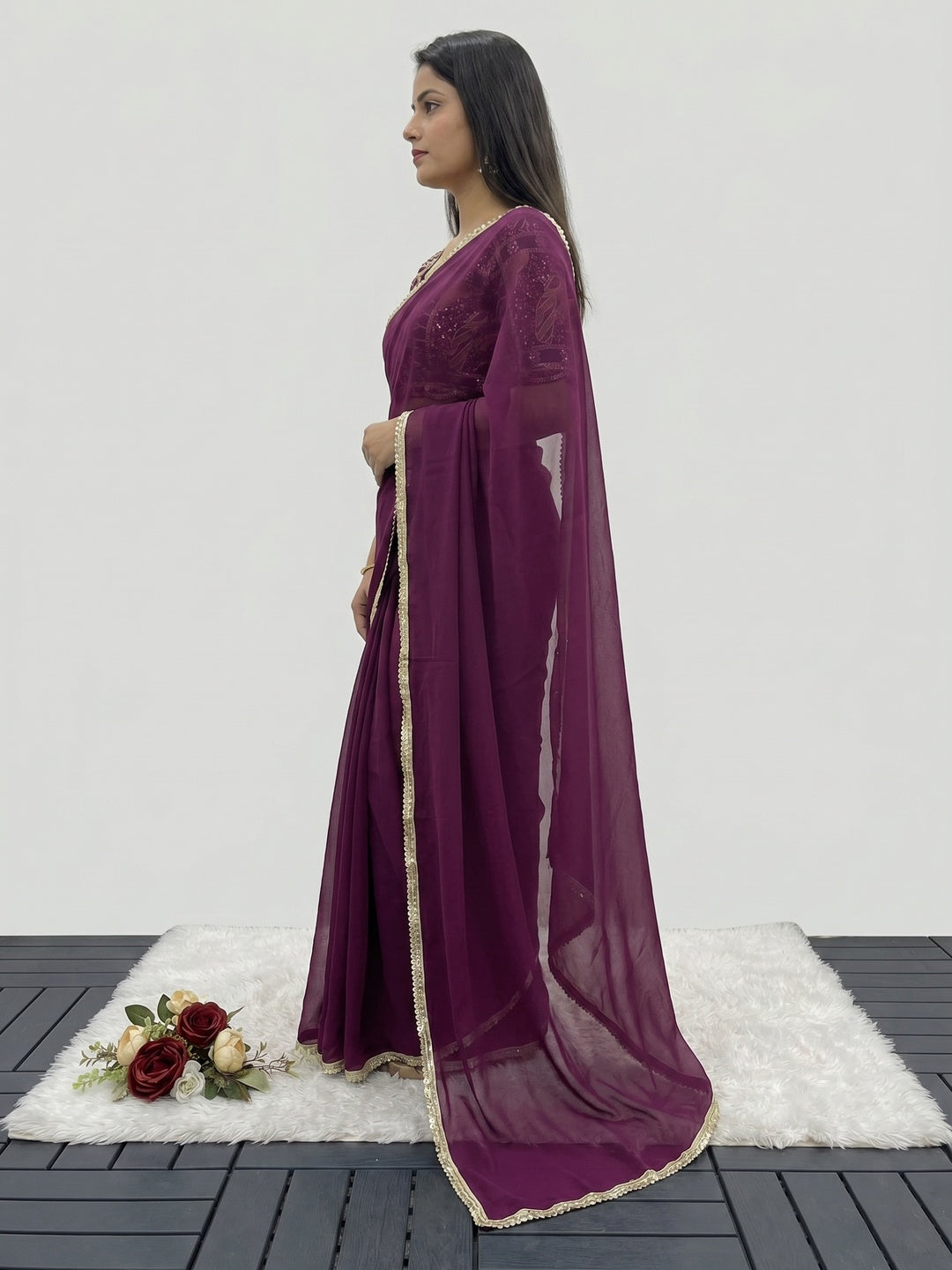 Wine Solid Georgette Saree With Sequins Embroidered Border - Image 3
