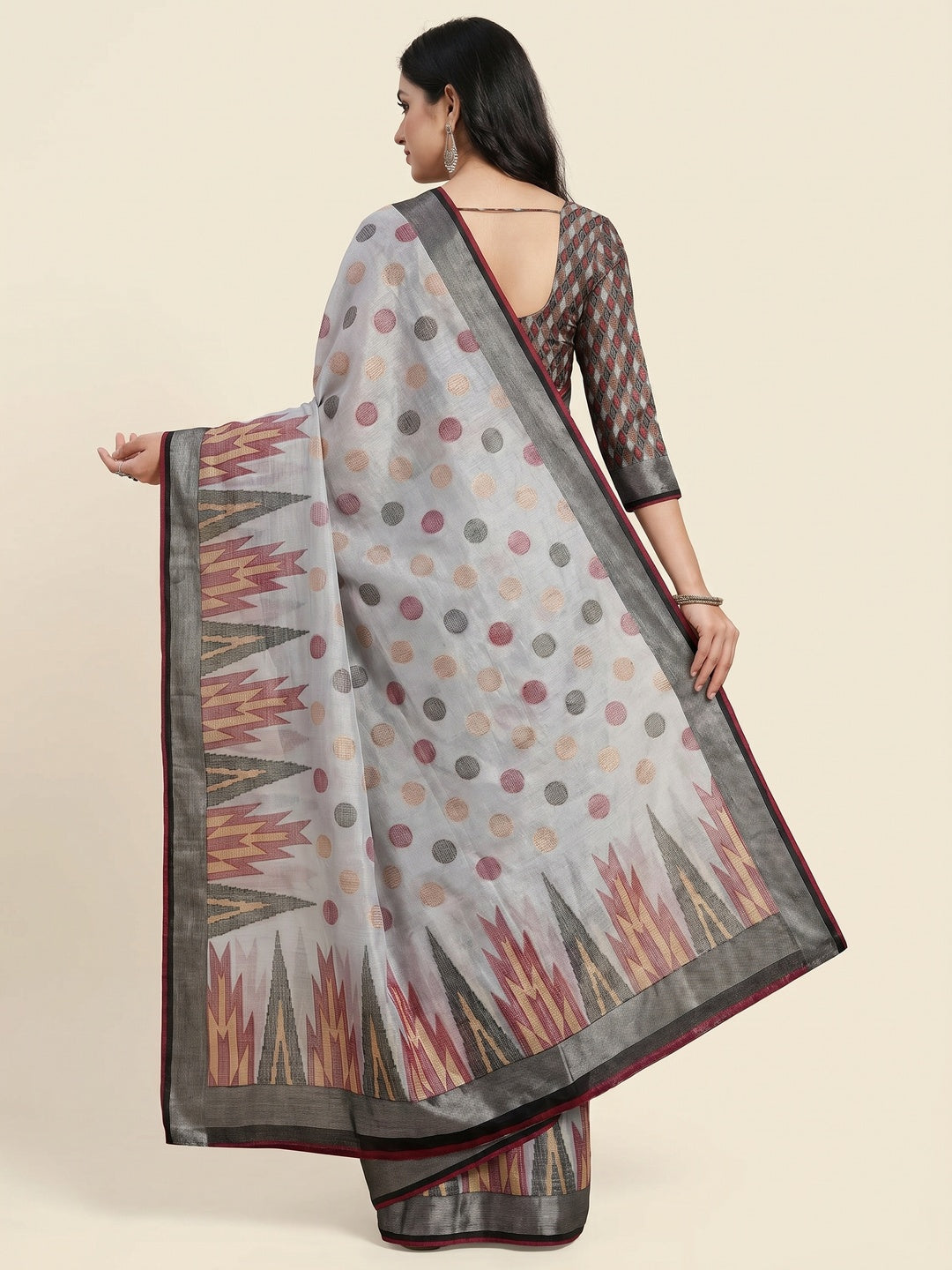 Grey Woven Art Silk Saree With Tassels - Image 2