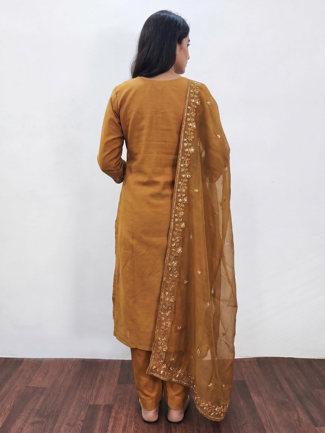 Yellow Ocre Floral Embroidered Cotton Blend Dress Material - Image 2