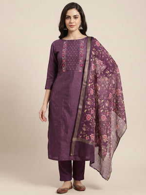 Purple Embroidered Vichitra Silk Dress Material - Image 1