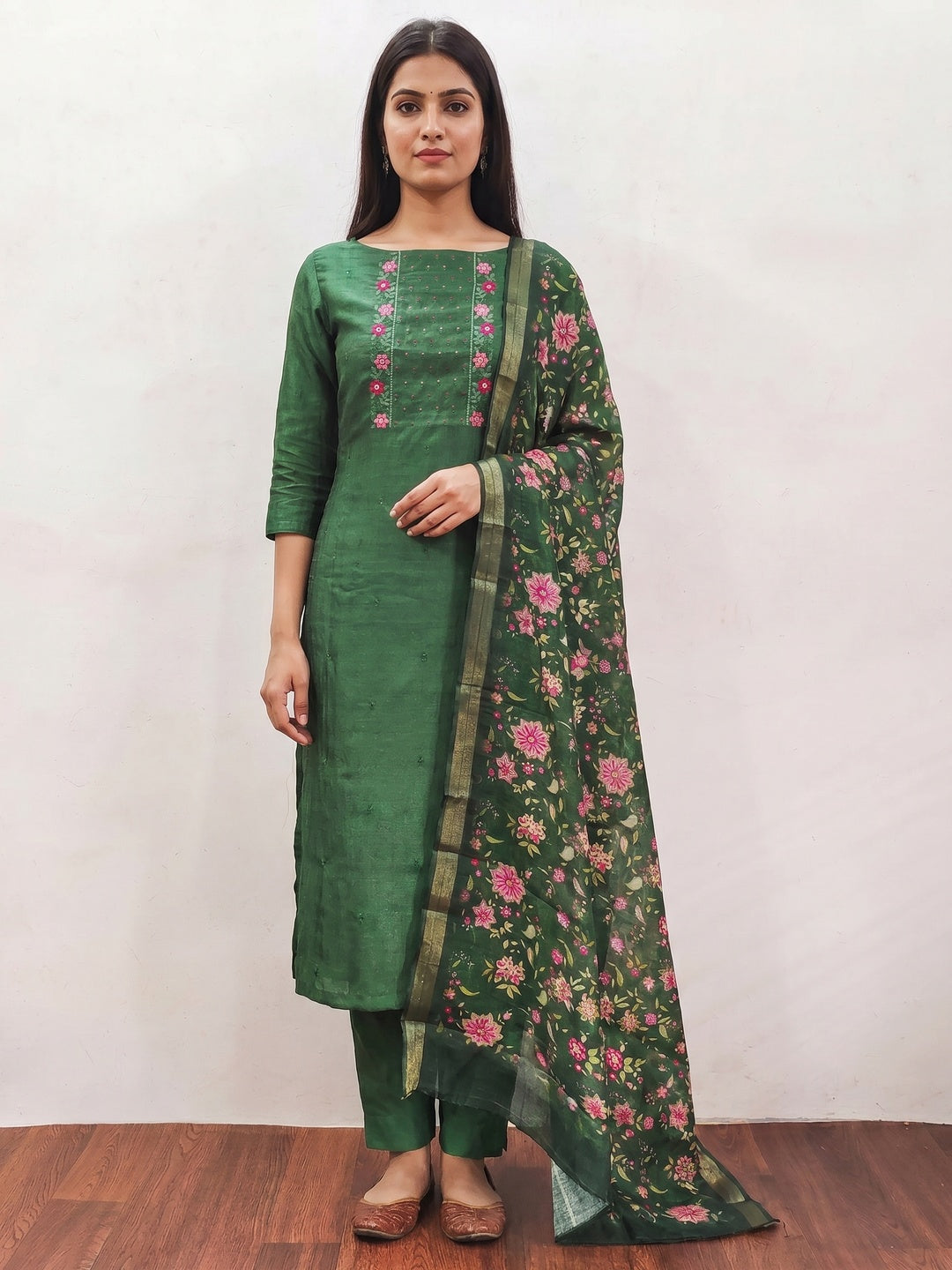 Green Embroidered Vichitra Silk Dress Material - Image 1