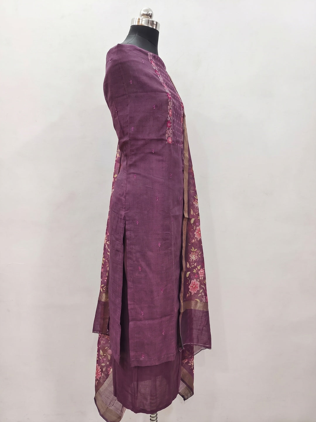 Purple Embroidered Vichitra Silk Dress Material - Image 3