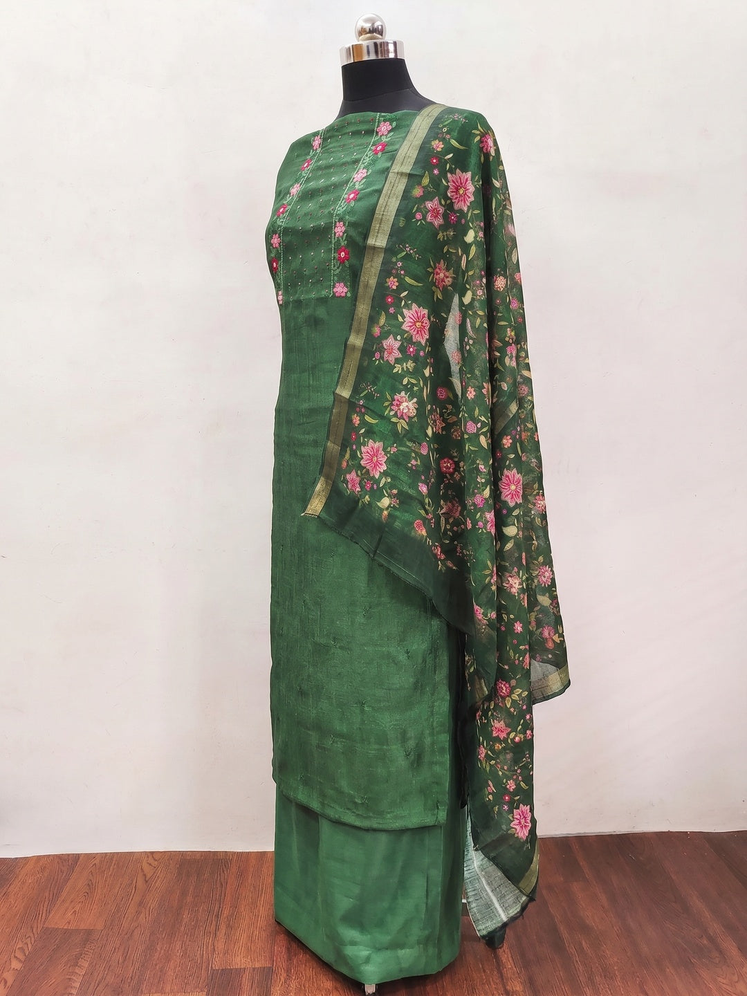 Green Embroidered Vichitra Silk Dress Material - Image 3