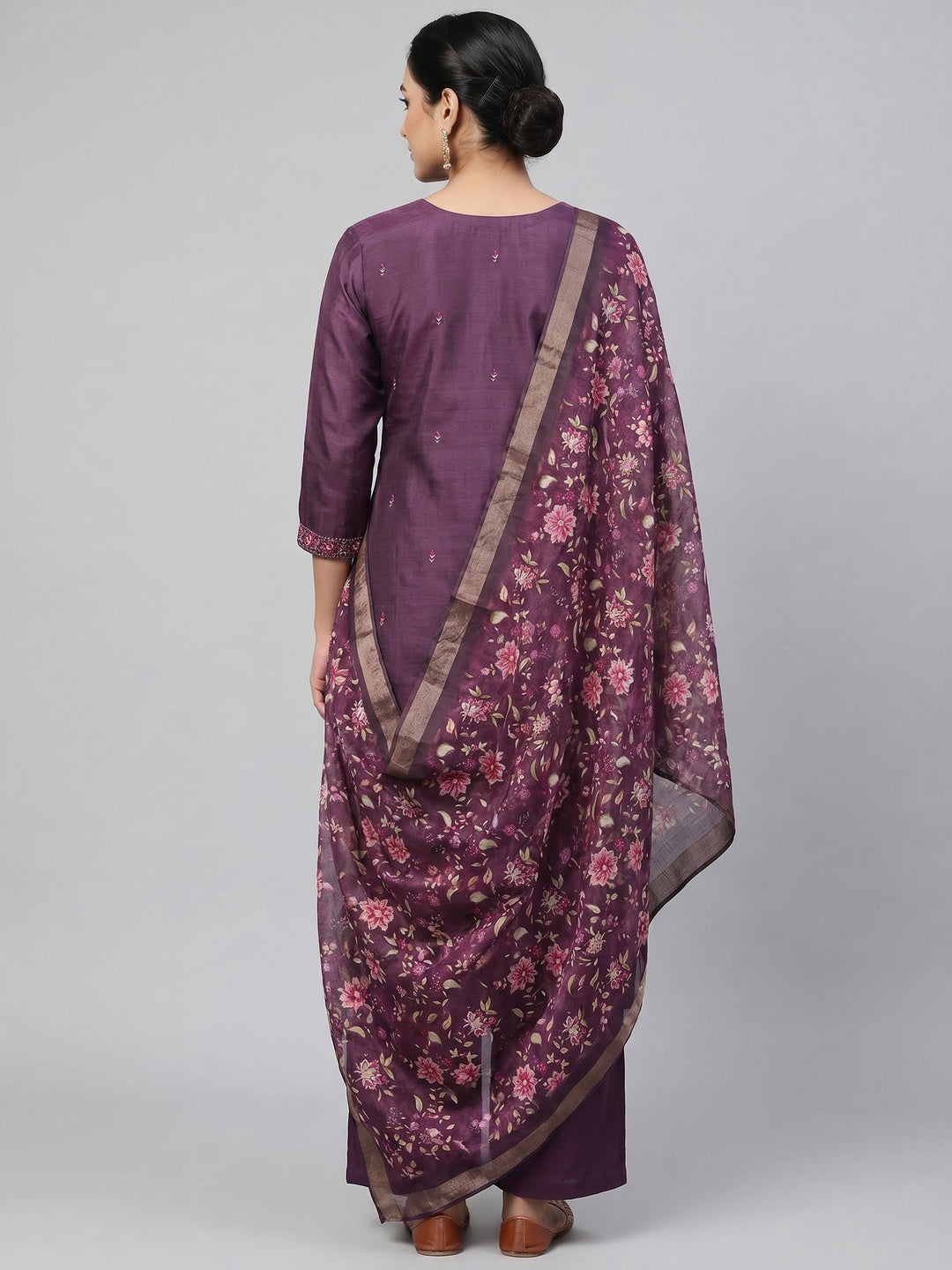 Purple Embroidered Vichitra Silk Dress Material - Image 2