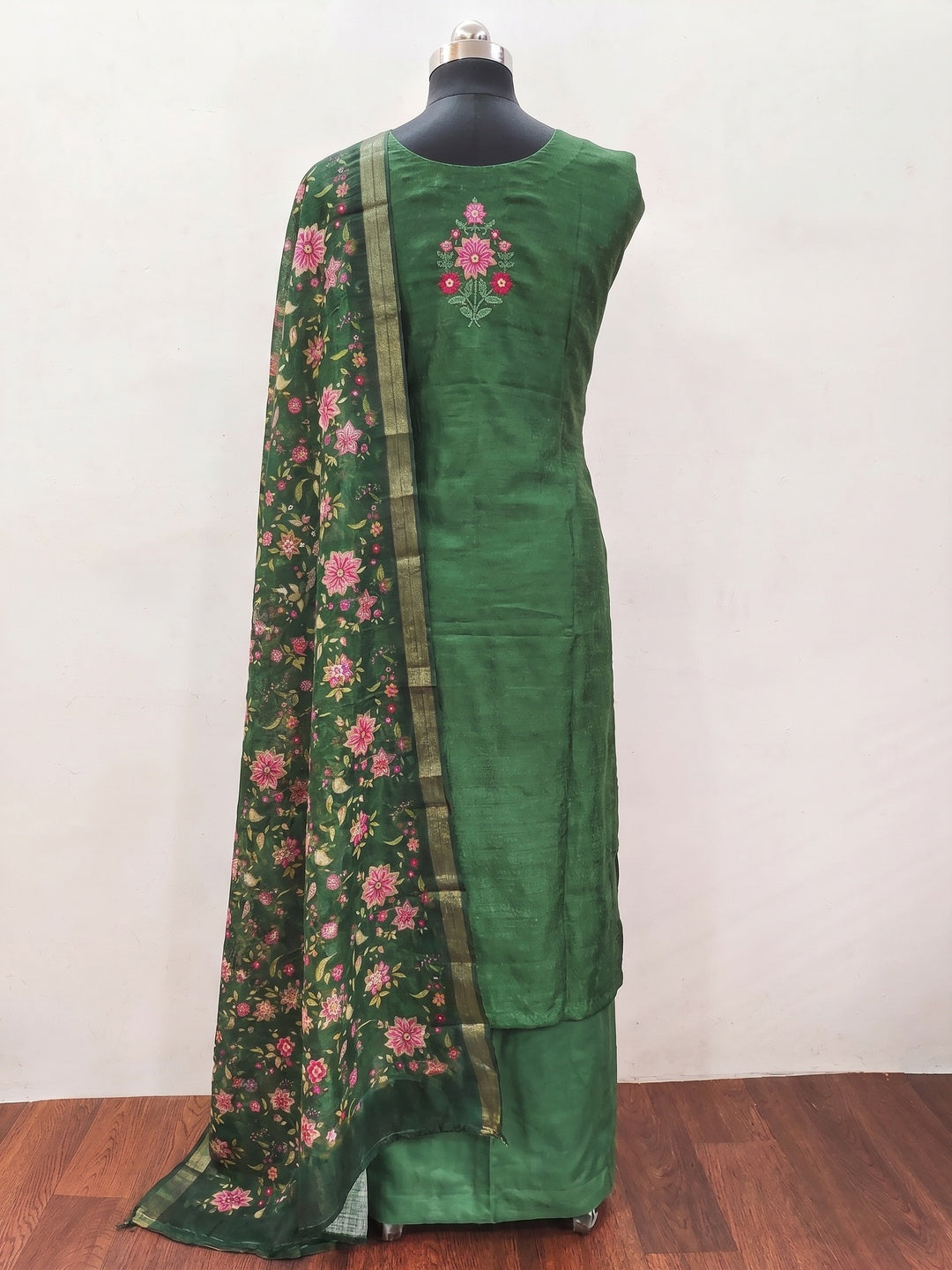 Green Embroidered Vichitra Silk Dress Material - Image 2