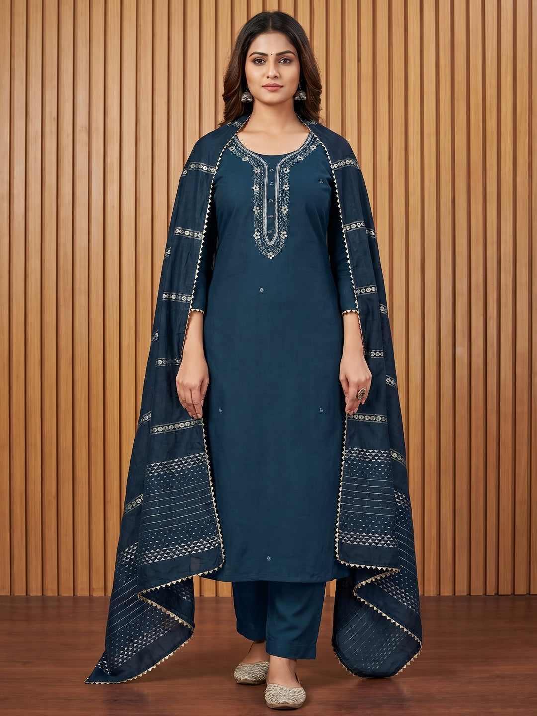 Blue Hand Embroidered Cotton Blend Dress Material - Image 1