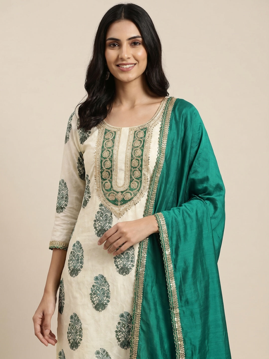 Cream & Rama Green Floral Printed Pure Cotton Dress Material - Image 1