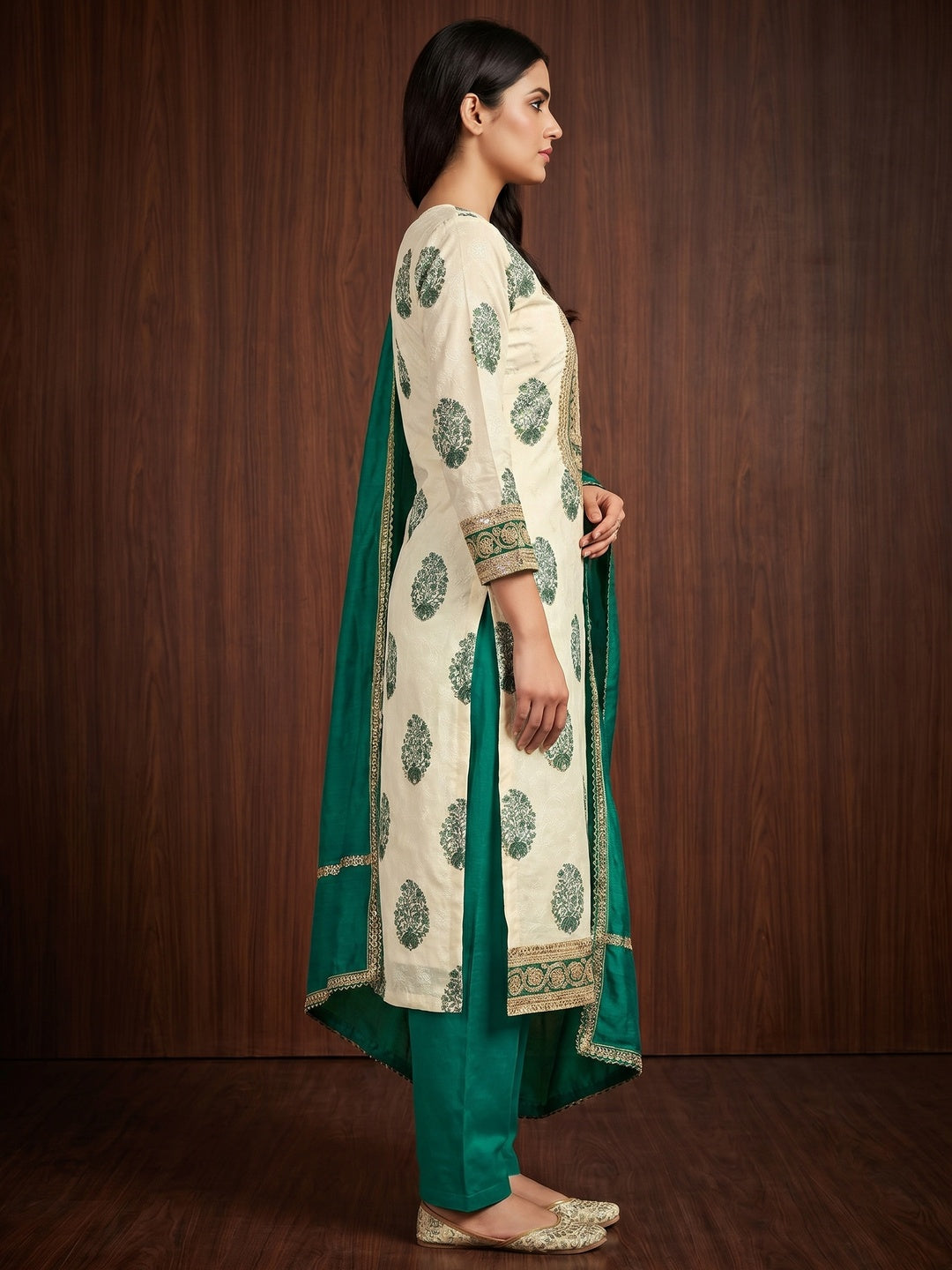 Cream & Rama Green Floral Printed Pure Cotton Dress Material - Image 3
