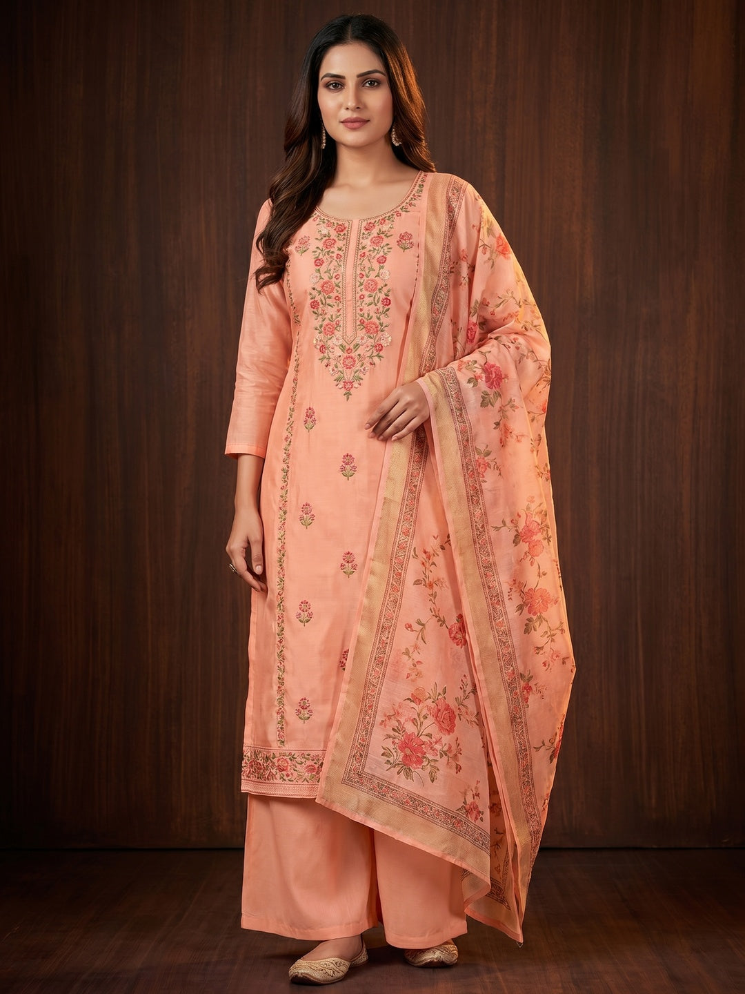 Peach Floral Embroidered Chanderi Dress Material - Image 1