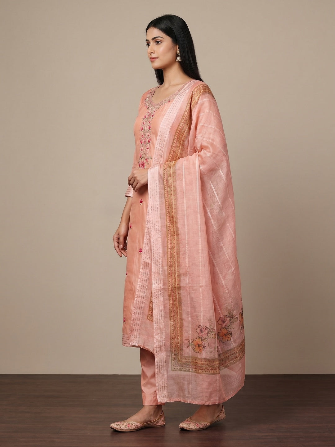 Peach Floral Embroidered Chanderi Dress Material - Image 3