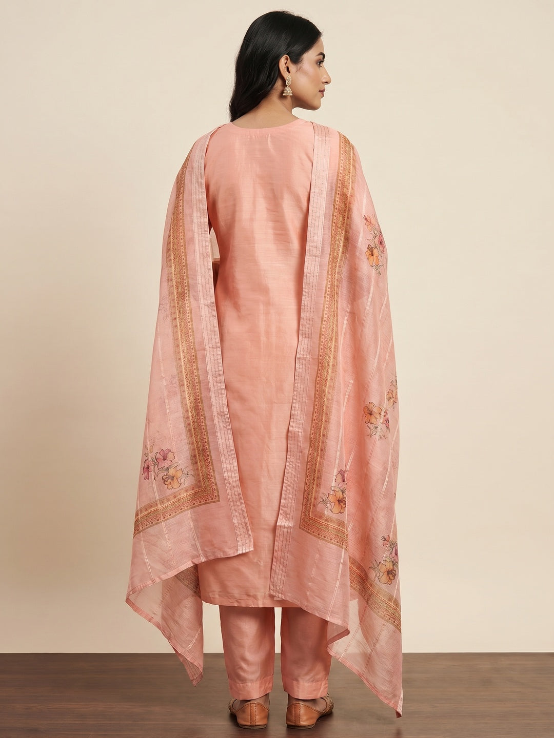 Peach Floral Embroidered Chanderi Dress Material - Image 2