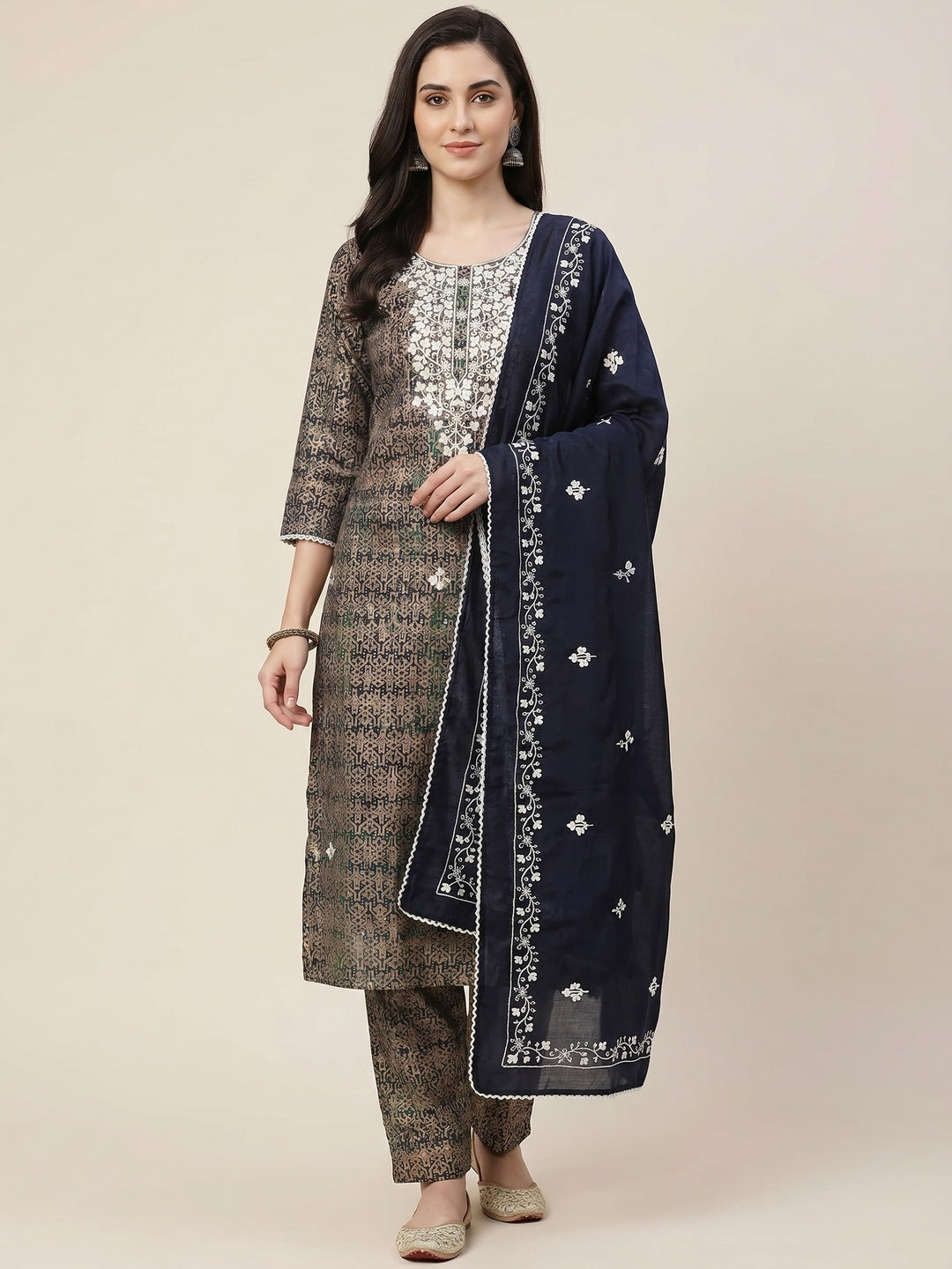 Navy Blue Floral Embroidered With Printed Pure Cotton Dress Material - Image 1