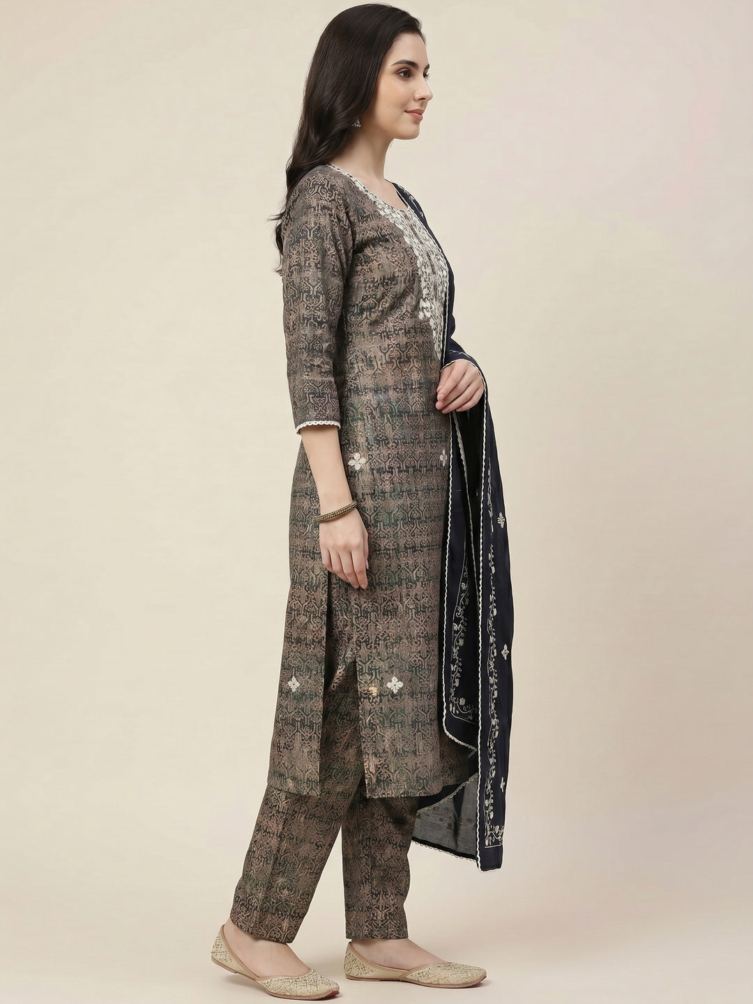 Navy Blue Floral Embroidered With Printed Pure Cotton Dress Material - Image 2