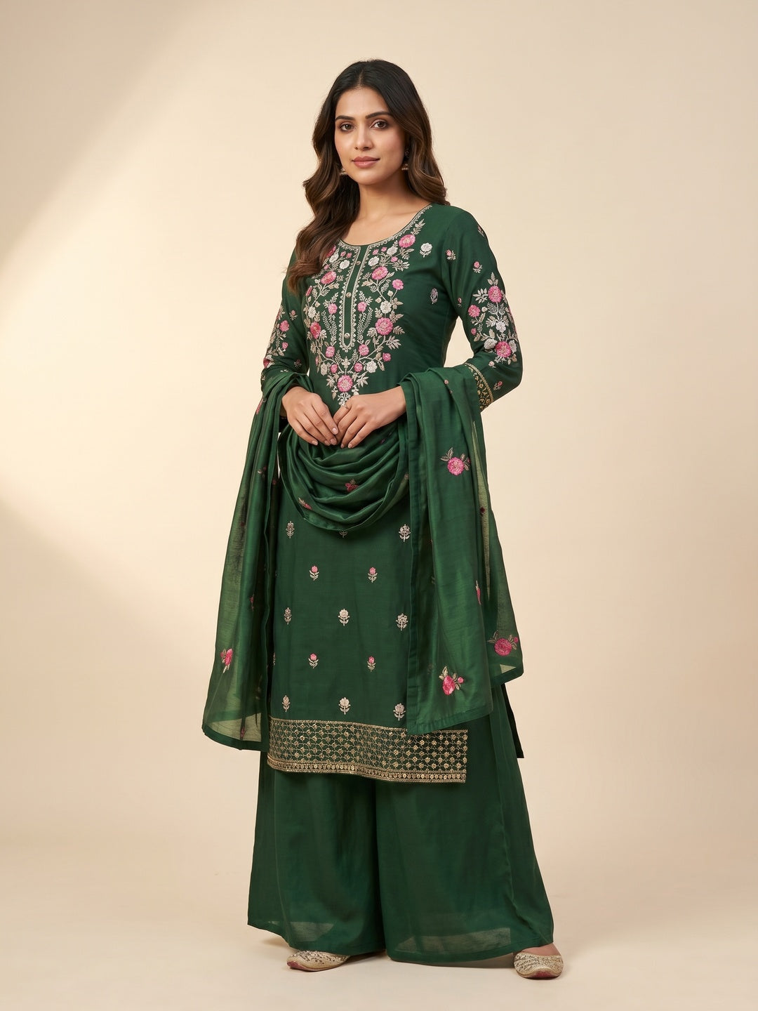 Green Floral Embroidered Cotton Blend Dress Material - Image 1