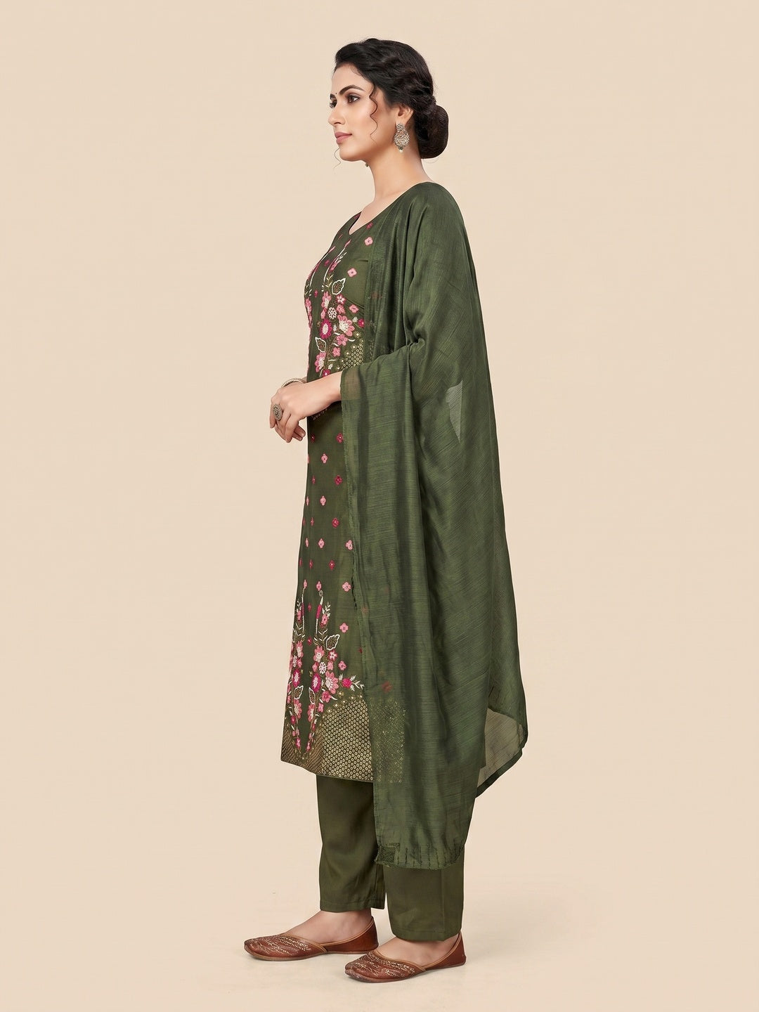 Green Floral Embroidered Cotton Blend Dress Material - Image 3