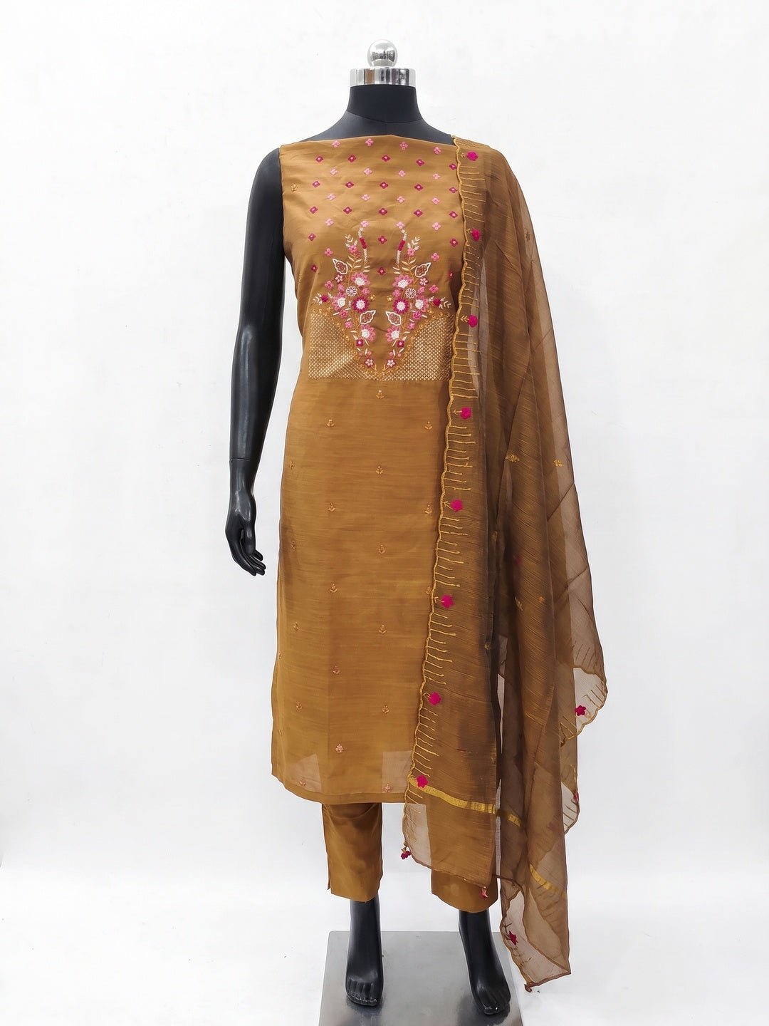 Yellow Ocre Floral Embroidered Cotton Blend Dress Material - Image 1