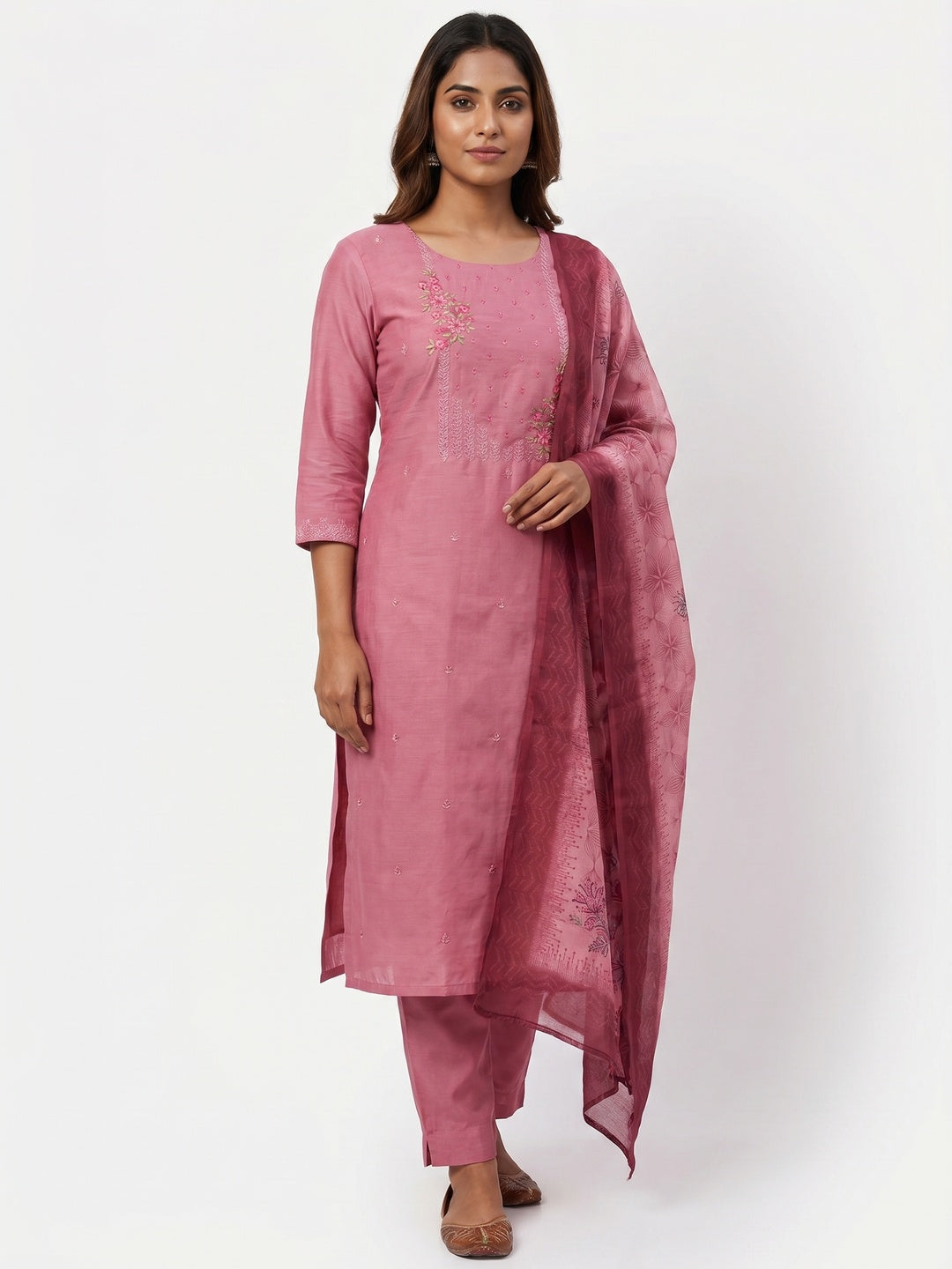 Pink Floral Embroidered Cotton Blend Dress Material - Image 1
