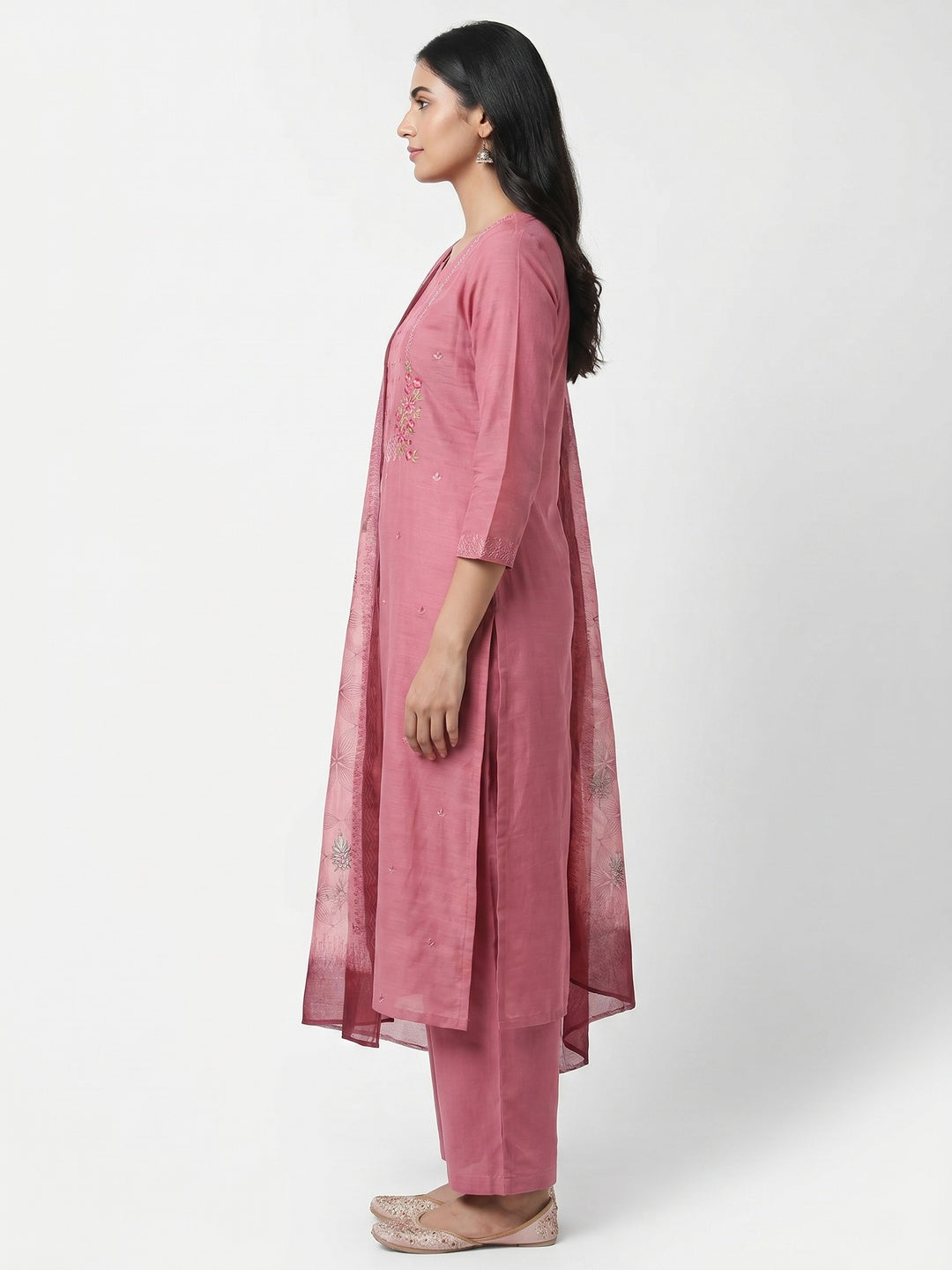 Pink Floral Embroidered Cotton Blend Dress Material - Image 3