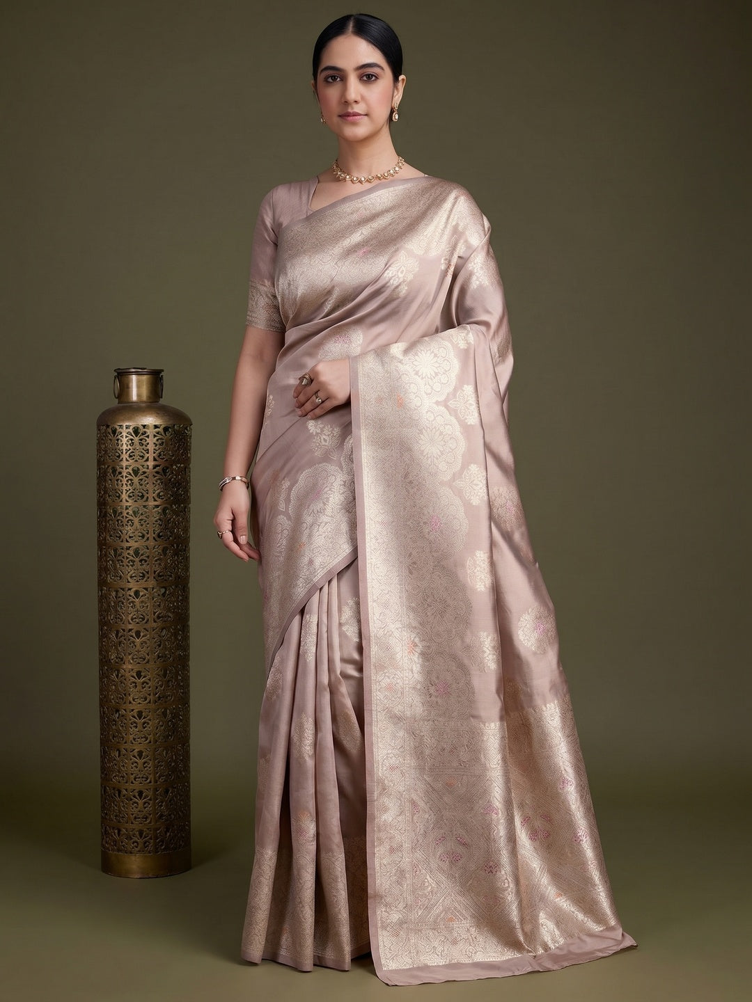 Beige Floral Design Woven Banarasi Silk Saree - Image 1