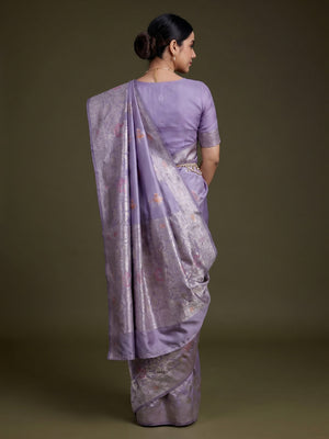 Light Purple Floral Design Woven Banarasi Silk Saree - Image 1