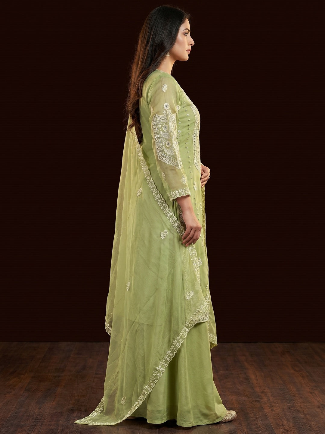 Green Floral Sequins Embroidered Organza Dress Material - Image 2