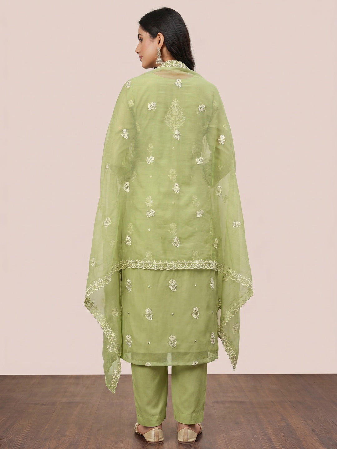 Green Floral Sequins Embroidered Organza Dress Material - Image 3