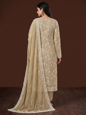 Beige Floral Embroidered Chiffon Dress Material - Image 1