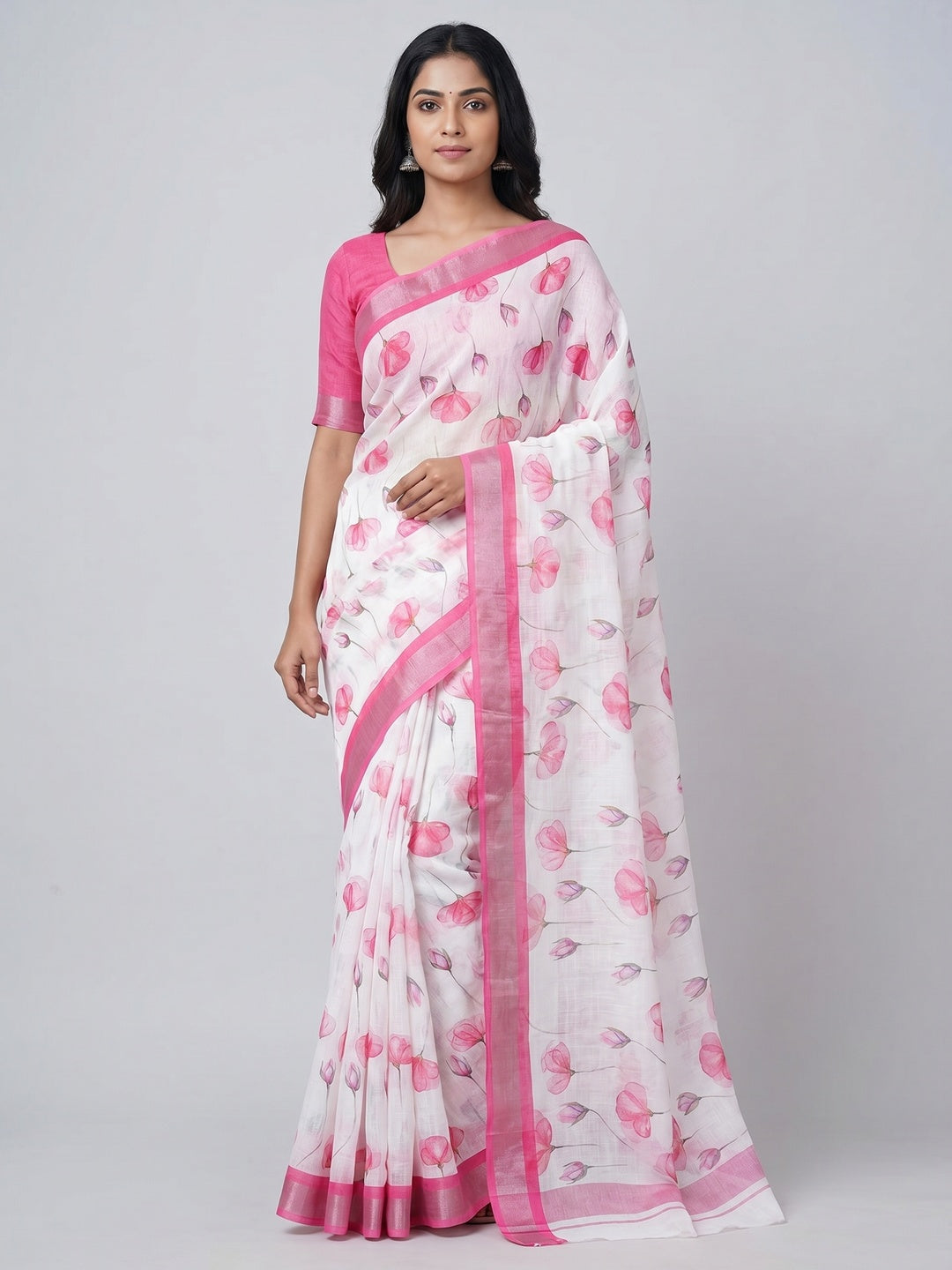 White & Pink Floral Digital Printed Linen Saree - Image 1