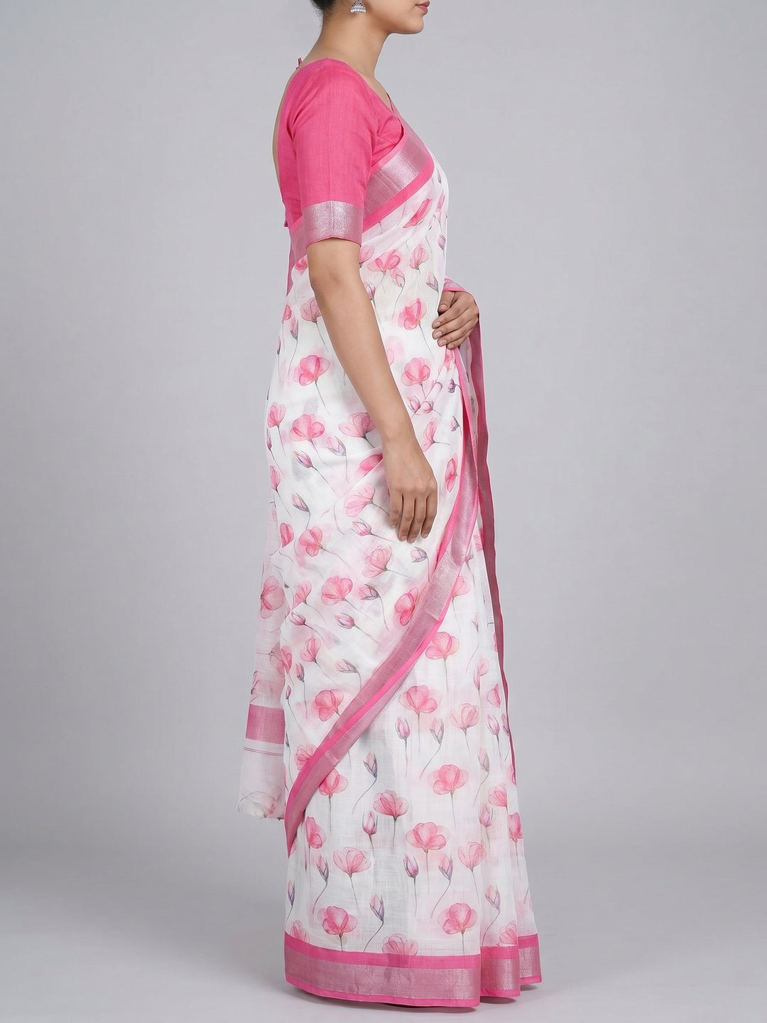 White & Pink Floral Digital Printed Linen Saree - Image 3