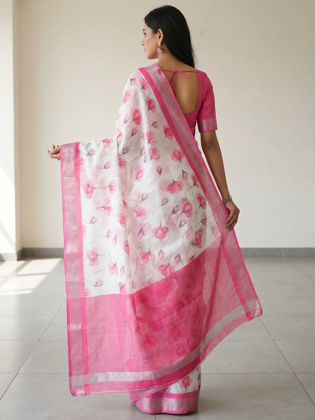 White & Pink Floral Digital Printed Linen Saree - Image 2