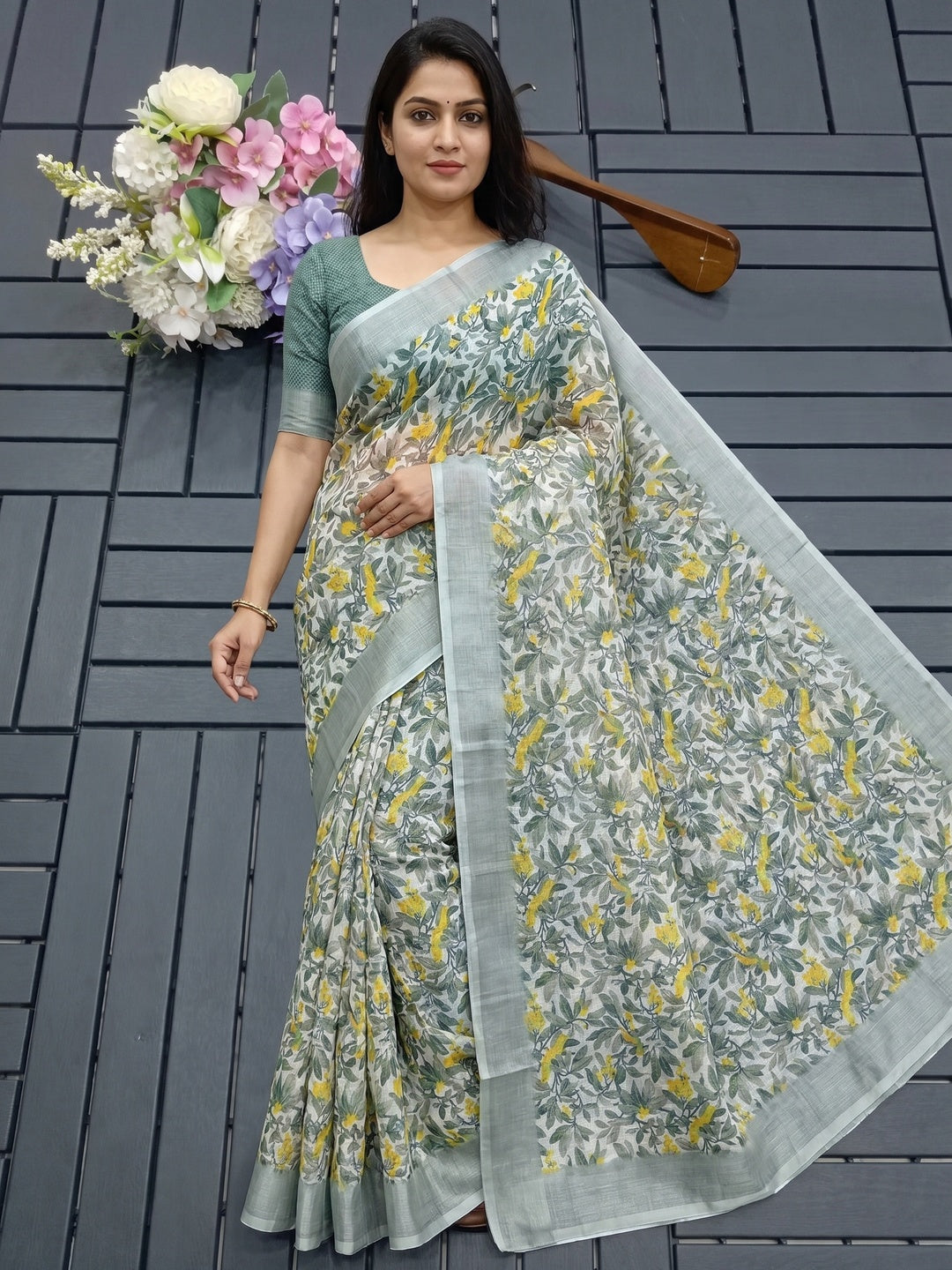 Grey Floral Digital Printed Linen Saree - Image 1