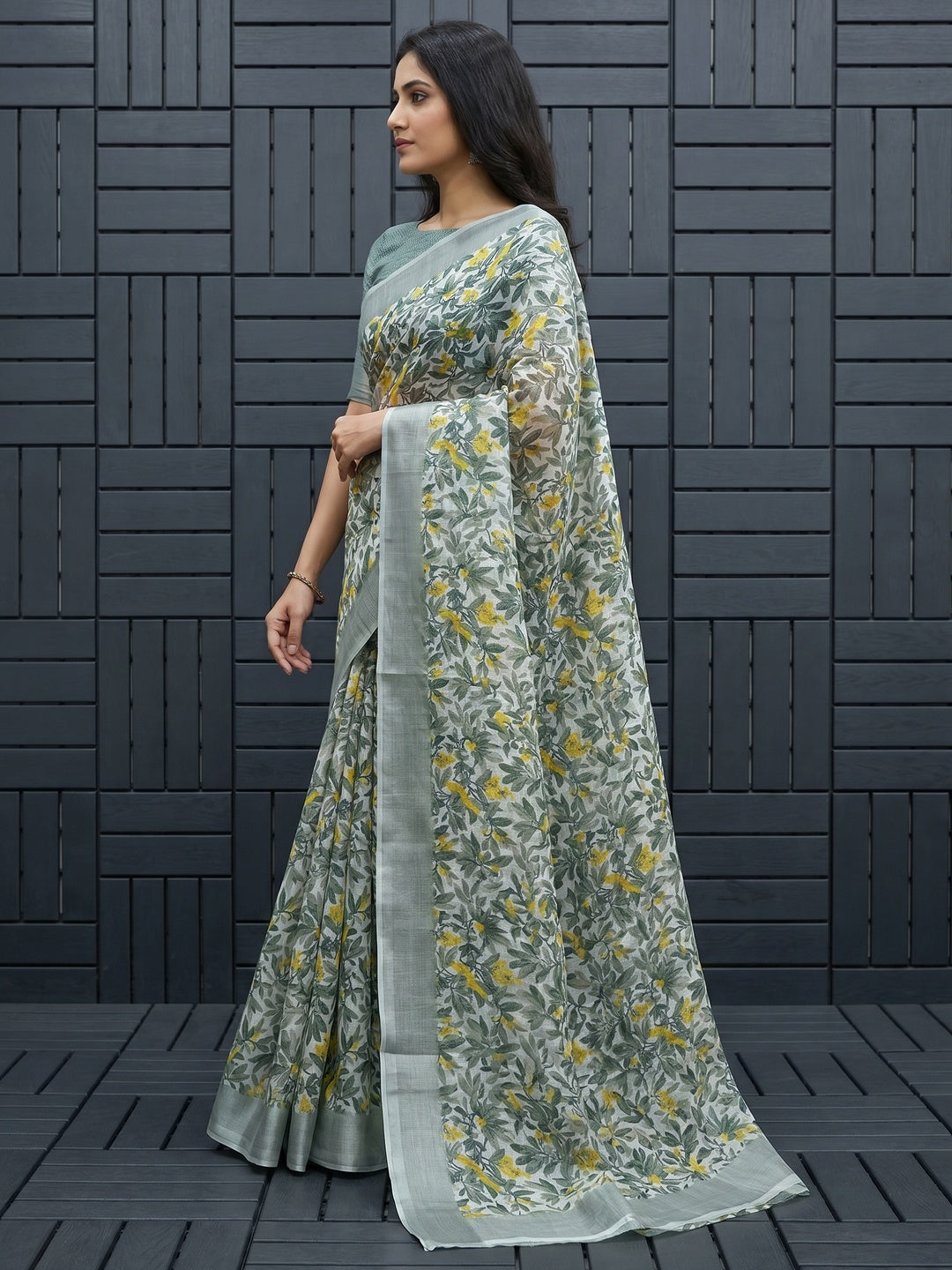 Grey Floral Digital Printed Linen Saree - Image 2