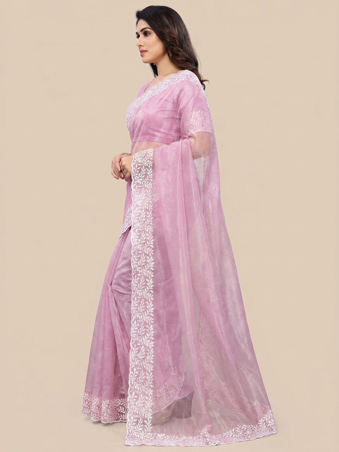 Pink Embroidered Net Saree - Image 2