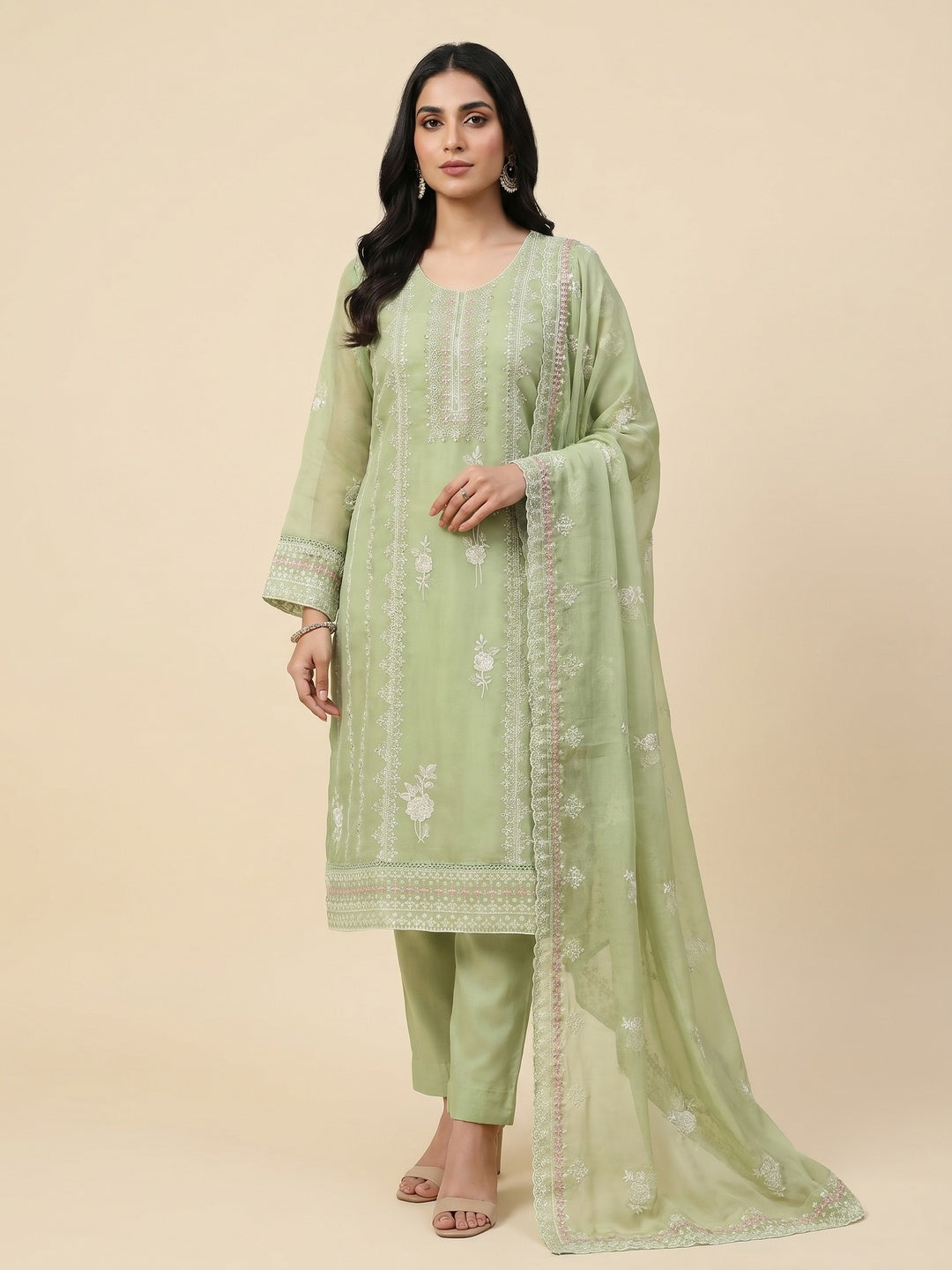 Green Floral Embroidered Organza Dress Material - Image 1