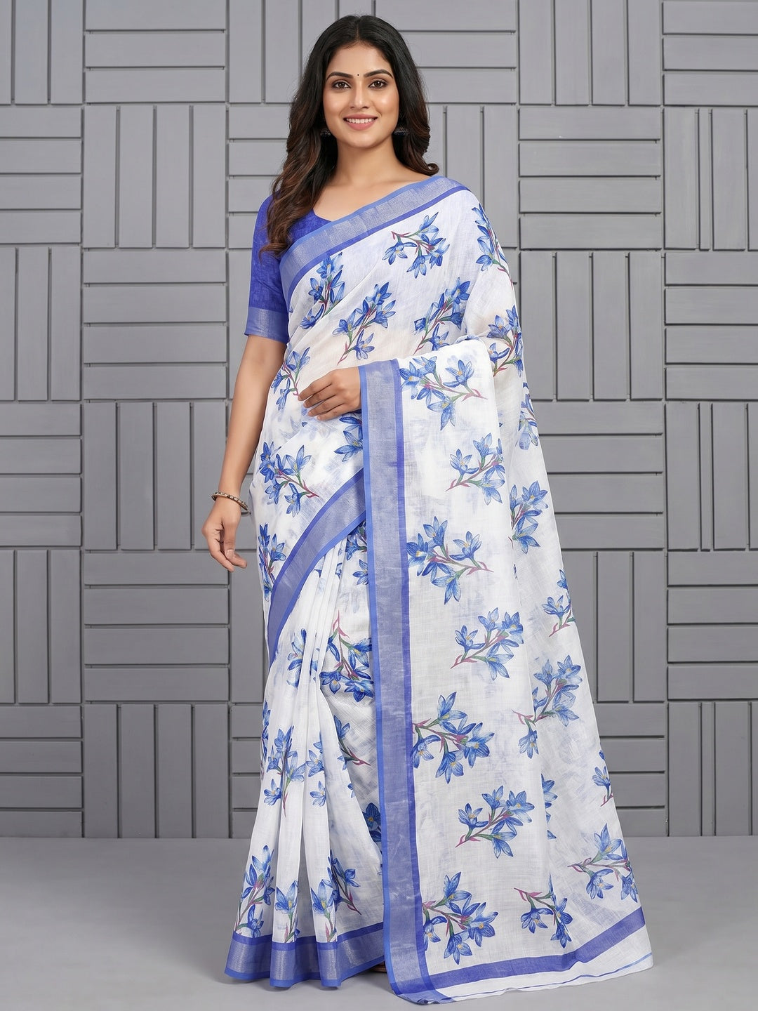 White & Blue Floral Digital Printed Linen Saree - Image 1