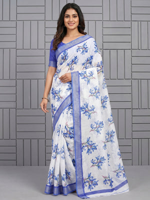 White & Blue Floral Digital Printed Linen Saree - Image 1