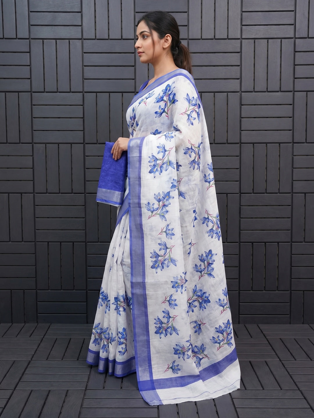 White & Blue Floral Digital Printed Linen Saree - Image 3