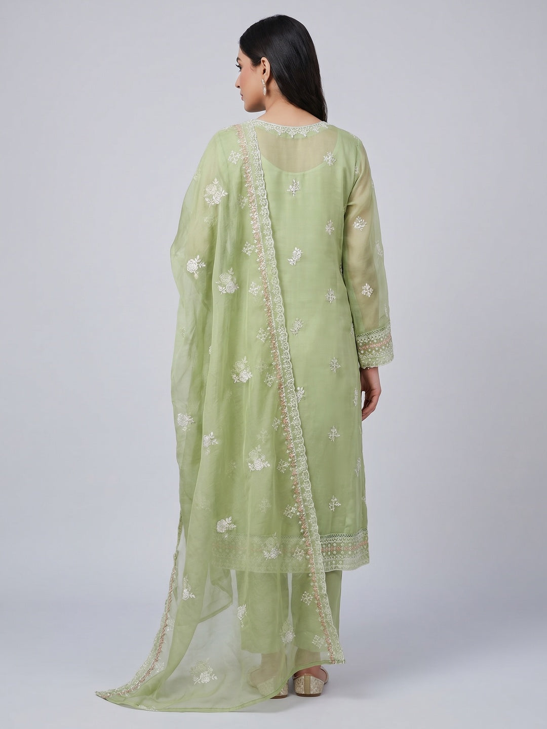 Green Floral Embroidered Organza Dress Material - Image 2