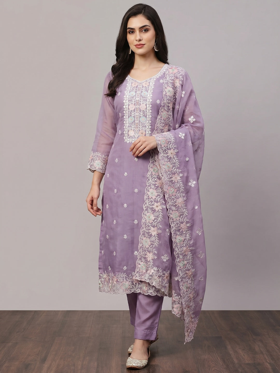 Purple Floral Embroidered Organza Dress Material - Image 1